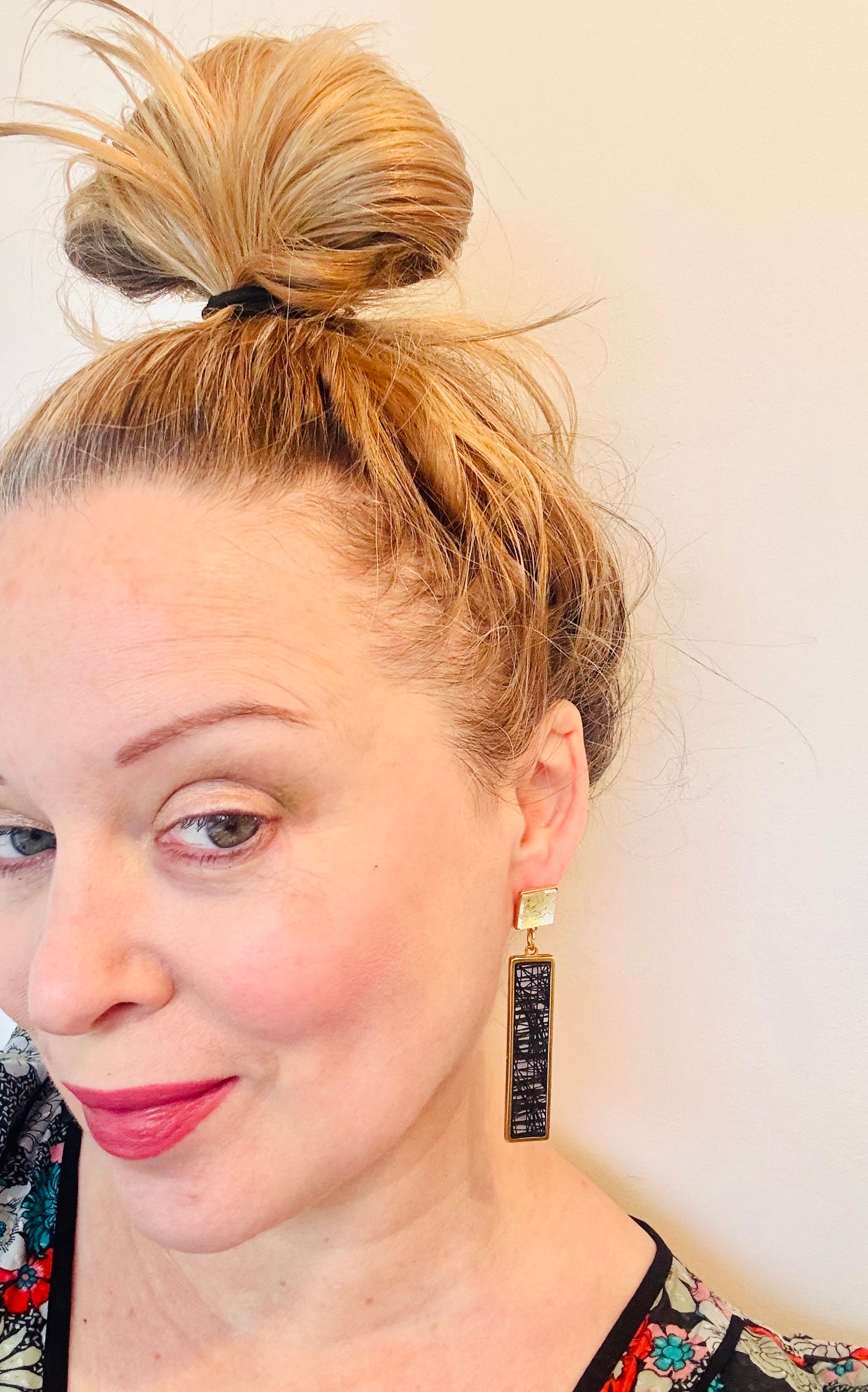 Gold, Black, Silver and Clear Dangle/Statement Earring, Abstract Etching