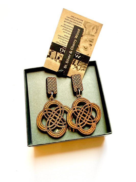 Etched Wooden Celtic cross and rectangle post, 2 piece dangle earring,