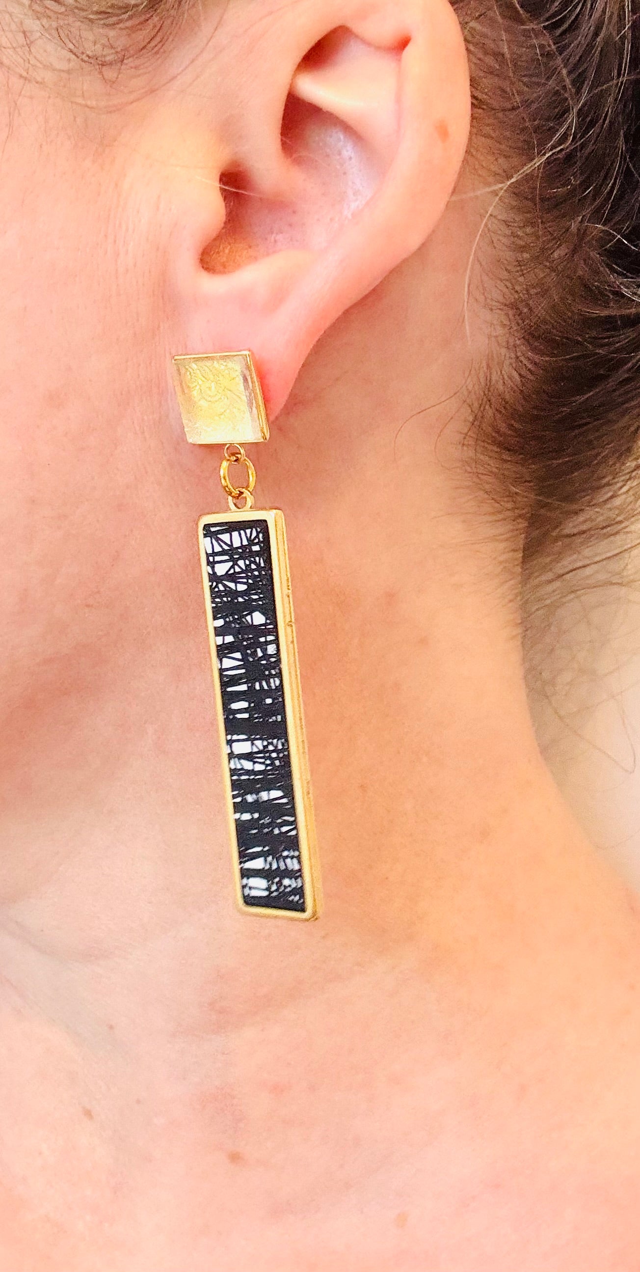 Gold, Black, Silver and Clear Dangle/Statement Earring, Abstract Etching