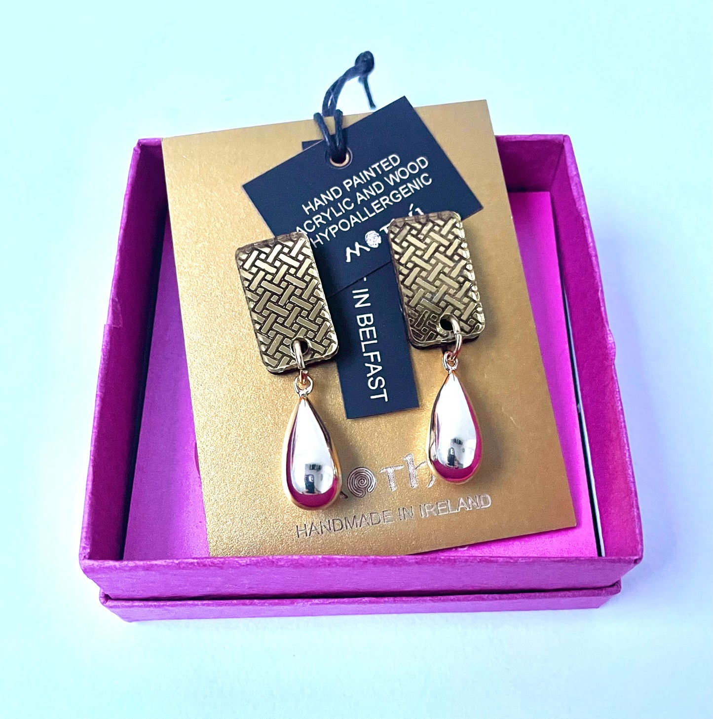 Etched Gold Mirror Stud Earrings with Gold Bead 4cm x 1cm x 0.6cm