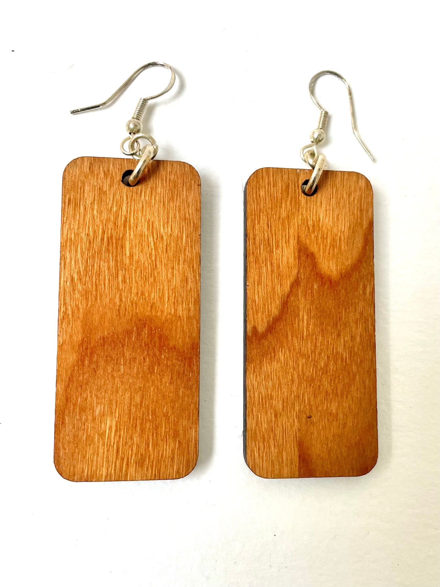 Wooden Dangle Earring, Large Rectangle, Lace Pattern 8cm x 8vm x 0.3 Sterling silver Wire