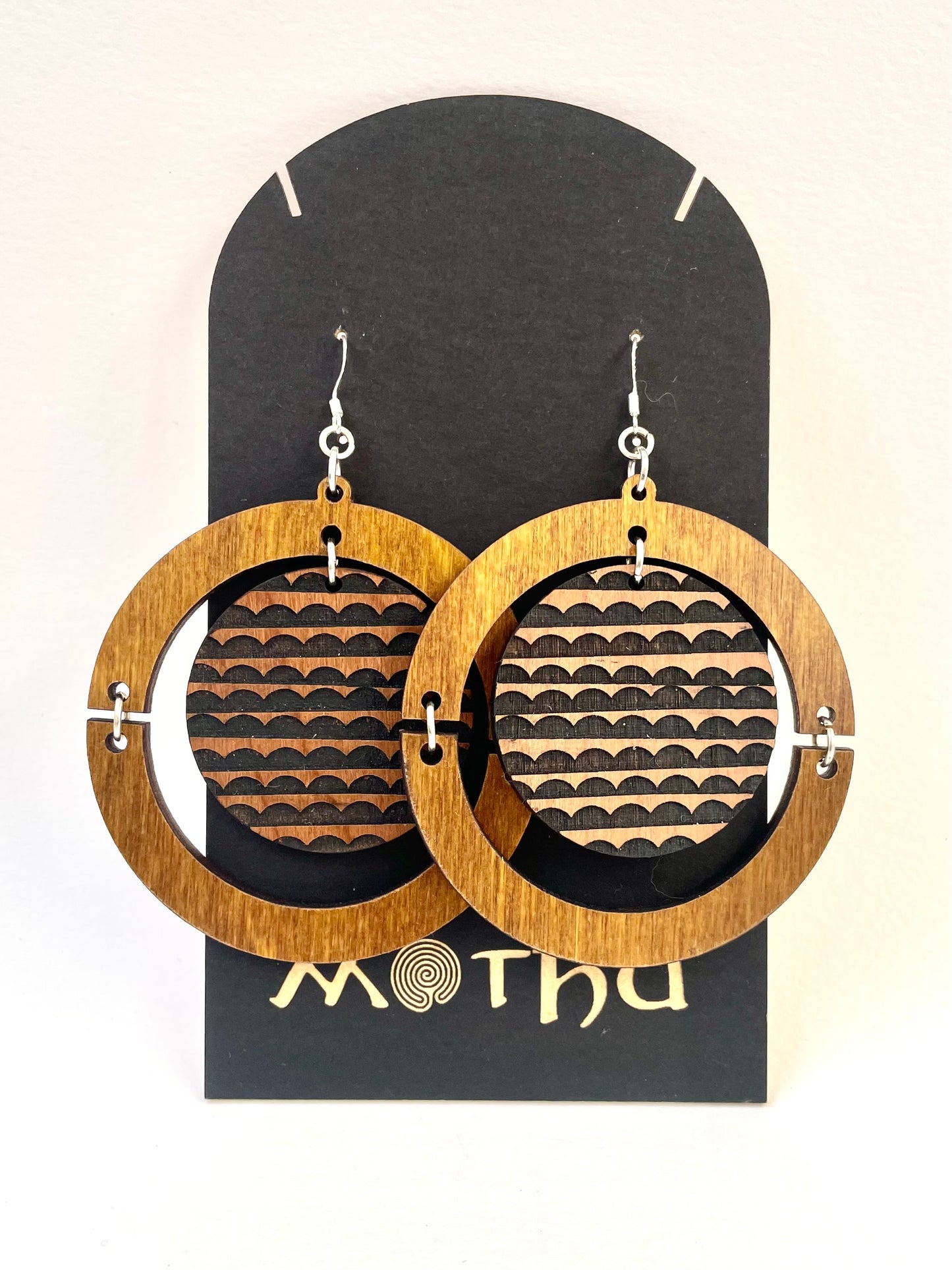 Large Wooden Dangle Earring, Etched Pattern, Sterling Silver Attachment