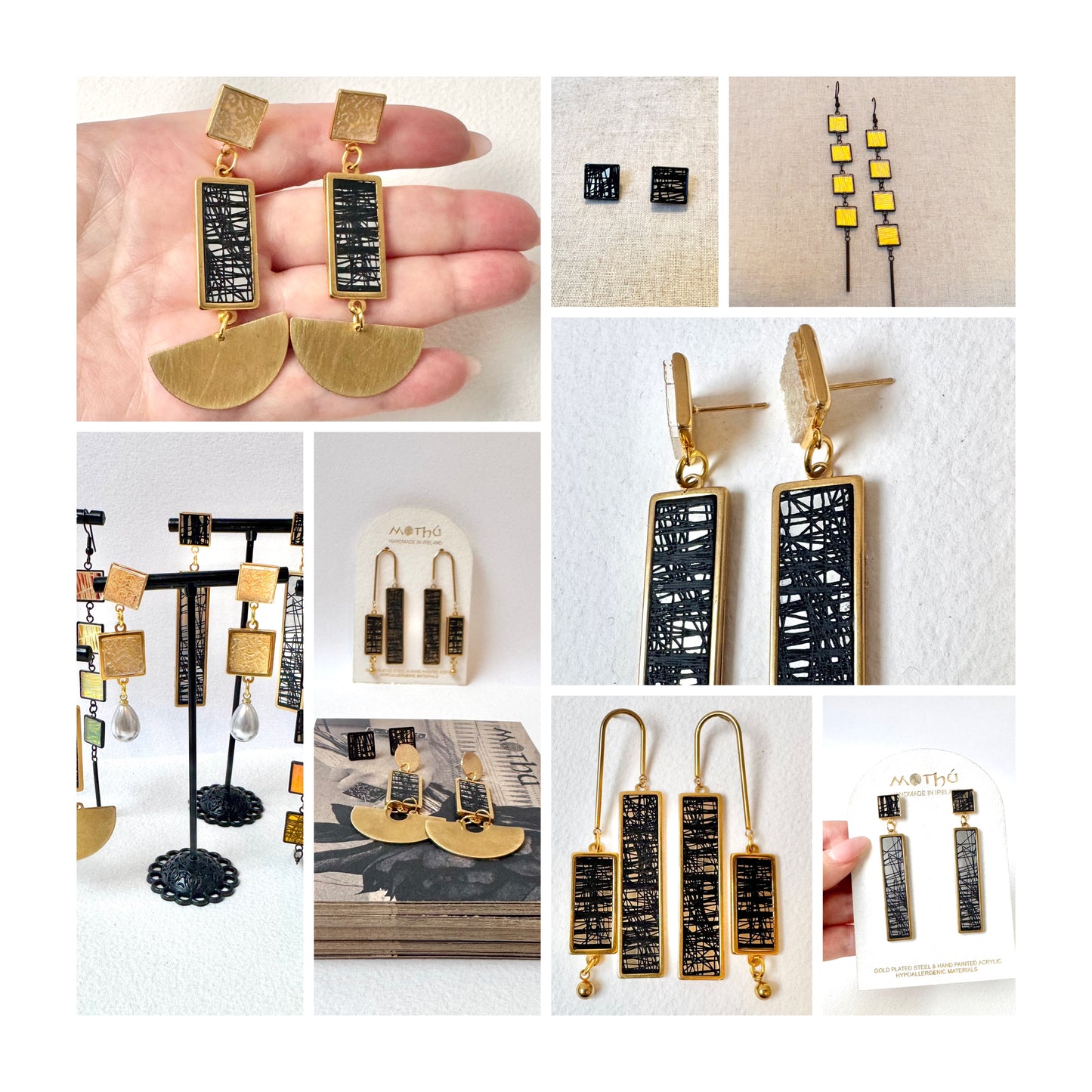 Four x Piece Dangle Earring, Black & Clear Etched Abstract Pattern