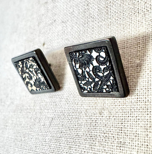 Black and Silver lace Pattern Stud Earrings