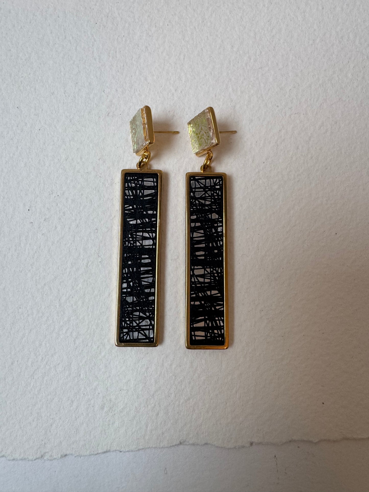 Gold, Black, Silver and Clear Dangle/Statement Earring, Abstract Etching