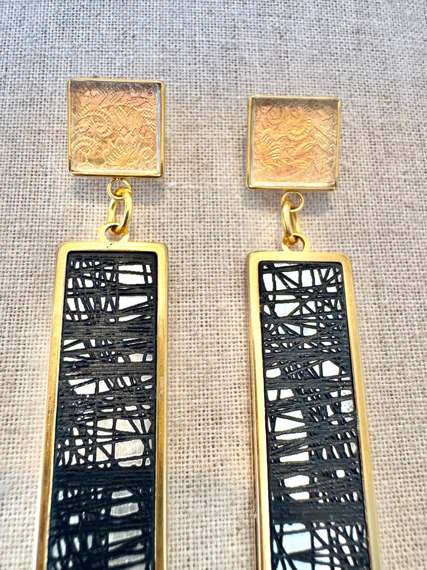 Gold, Black, Silver and Clear Dangle/Statement Earring, Abstract Etching