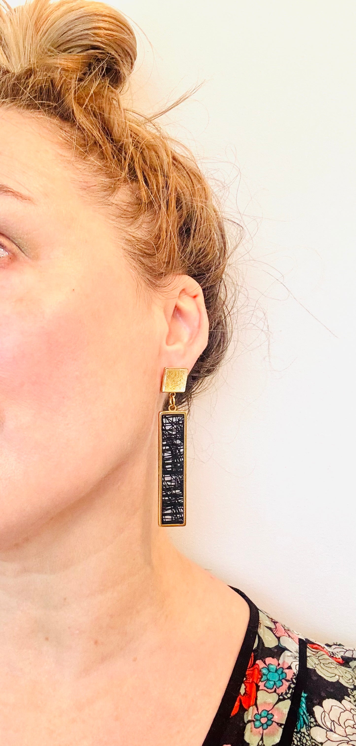 Gold, Black, Silver and Clear Dangle/Statement Earring, Abstract Etching