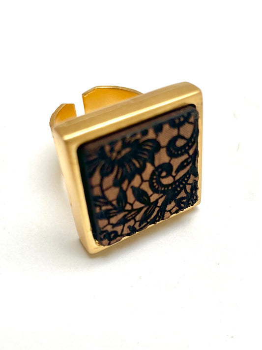 Gold and Wood Etched Ring 2.5x 2.5 one size