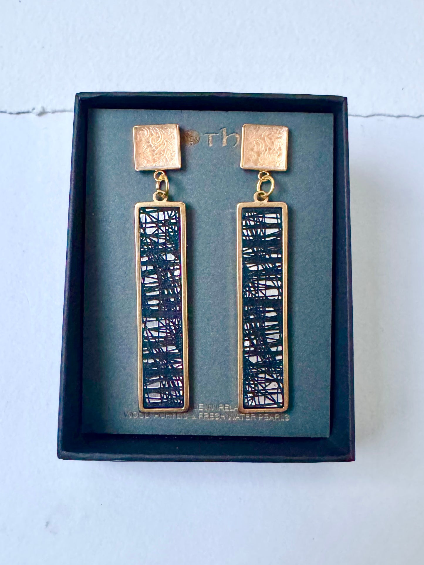 Gold, Black, Silver and Clear Dangle/Statement Earring, Abstract Etching