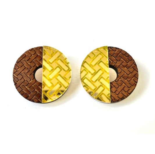 Wooden Stud Earrings, Large Celtic Circles Etched Pattern, Mirror Acrylic Earrings, Hand Painted 4cm x 4cm x 0.6cm
