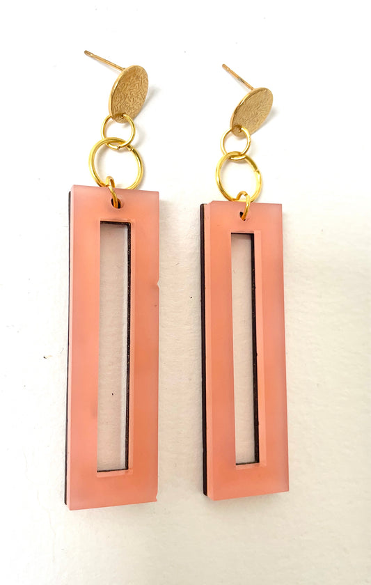 Pink & Gold Dangle Earring, Gold Post, Lined in Wood 7cm x 2cm x 0.6cm