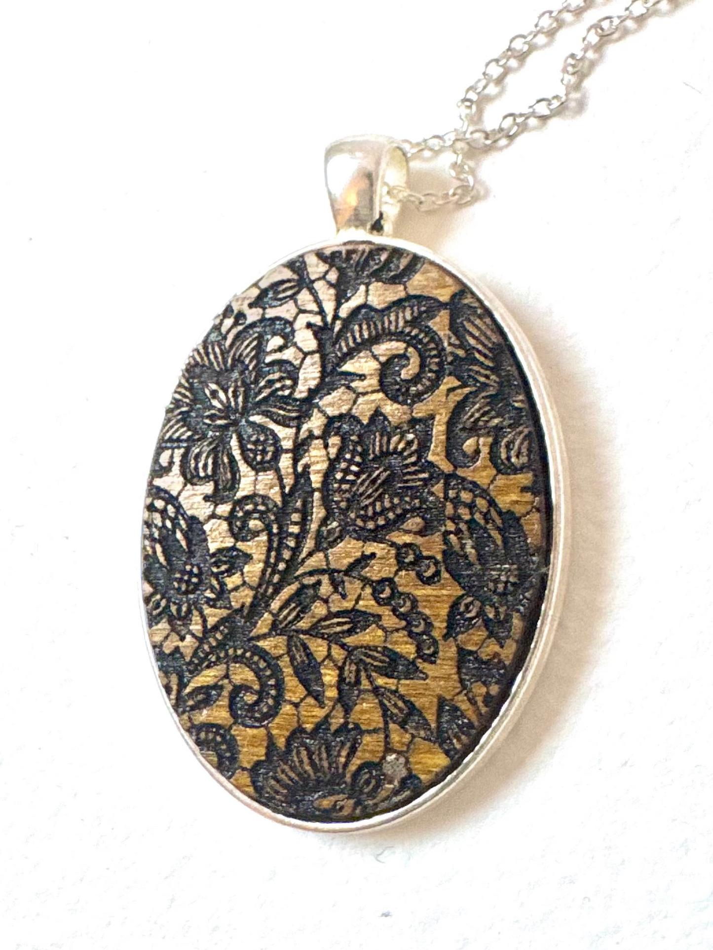 Silver Pendant Necklace, Lace Etching