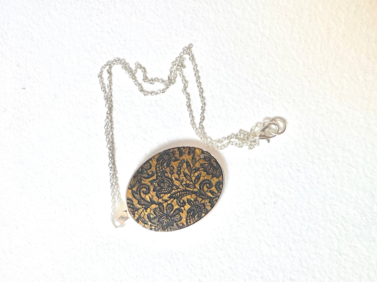 Silver Pendant Necklace, Lace Etching