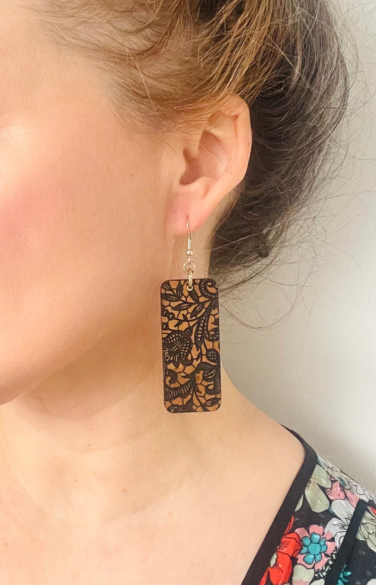Wooden Dangle Earring, Large Rectangle, Lace Pattern 8cm x 8vm x 0.3 Sterling silver Wire
