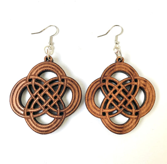 Large Wooden Dangle Earrings, Ancient Celtic Cross, Sterling Silver Attachment 6.5x5x0.6cm