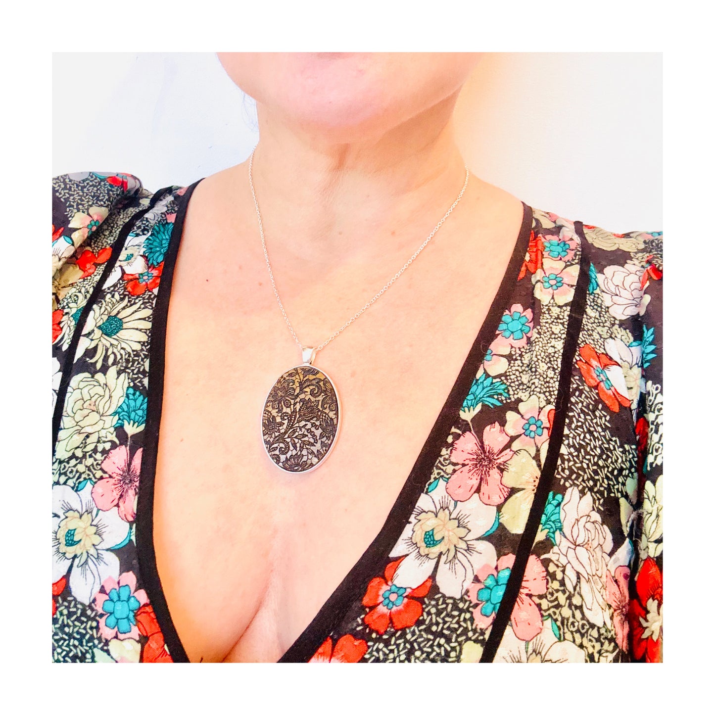 Silver Pendant Necklace, Lace Etching