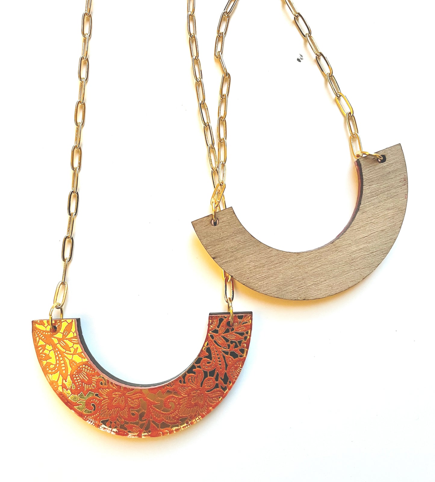 Acrylic and Wood Necklace, Laser etched Lace Pattern Length 20 inches.