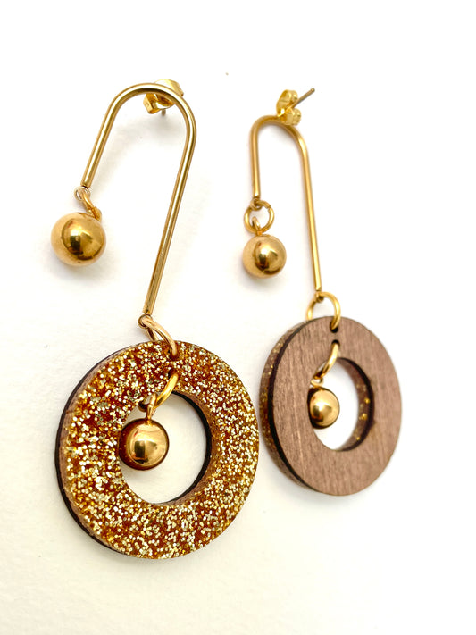 Glitter Gold Hoop Dangle Earring, Curved Bar and Bead, - 8cm x 3.5cm