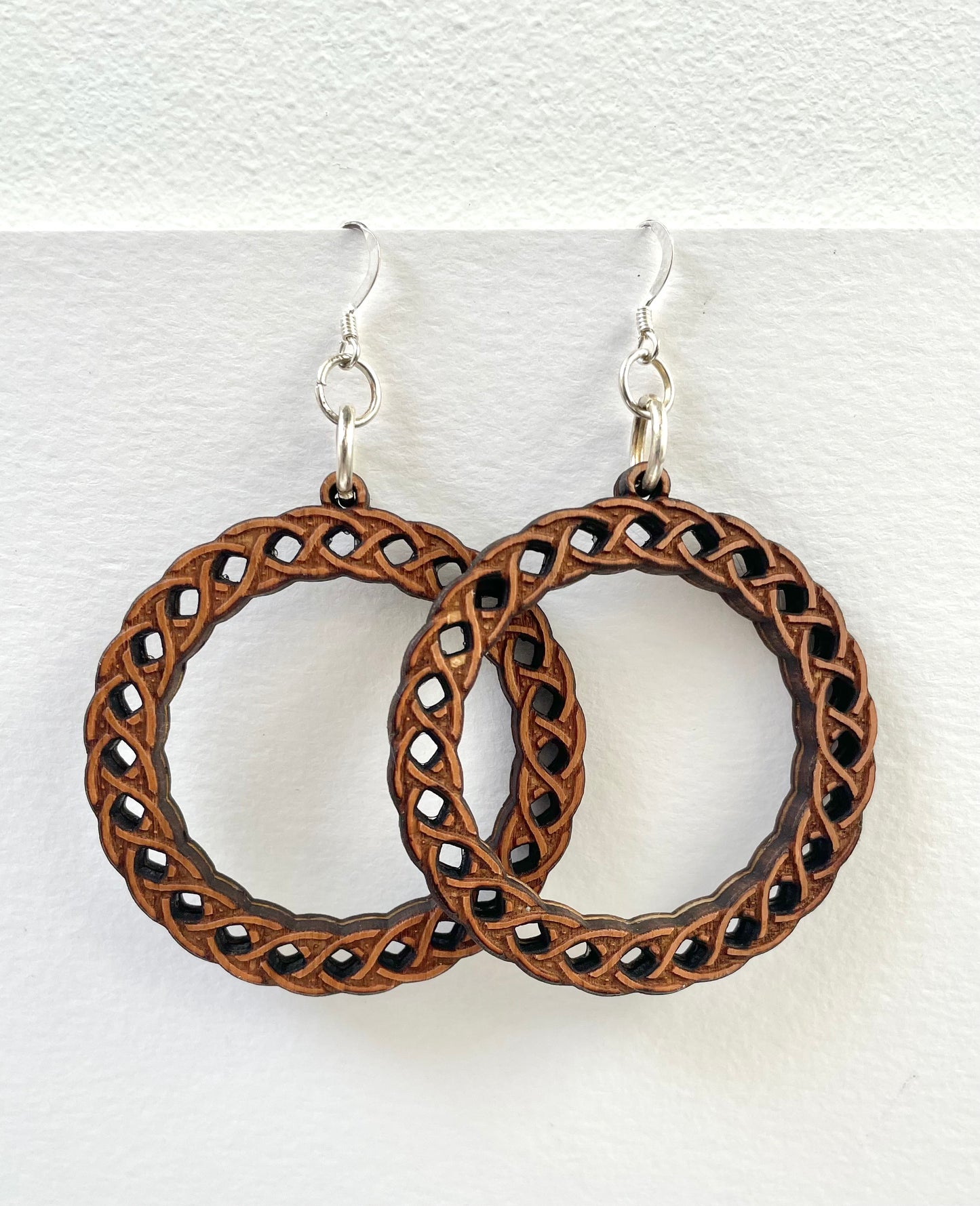 Celtic Knot, Cherry Wood Hoop Earring with Sterling Silver attachment