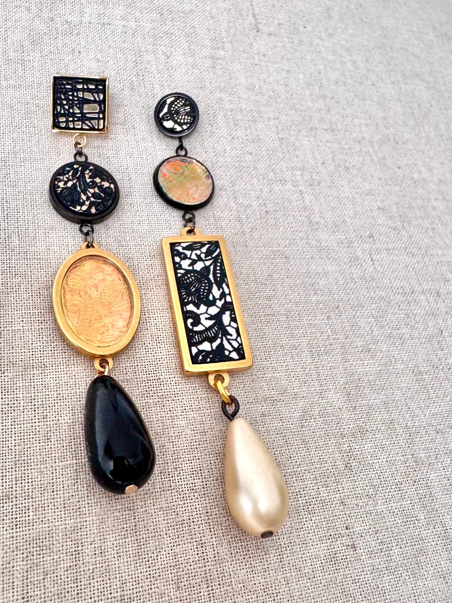 Multi shape & pattern vintage lace and pearl dangle earring