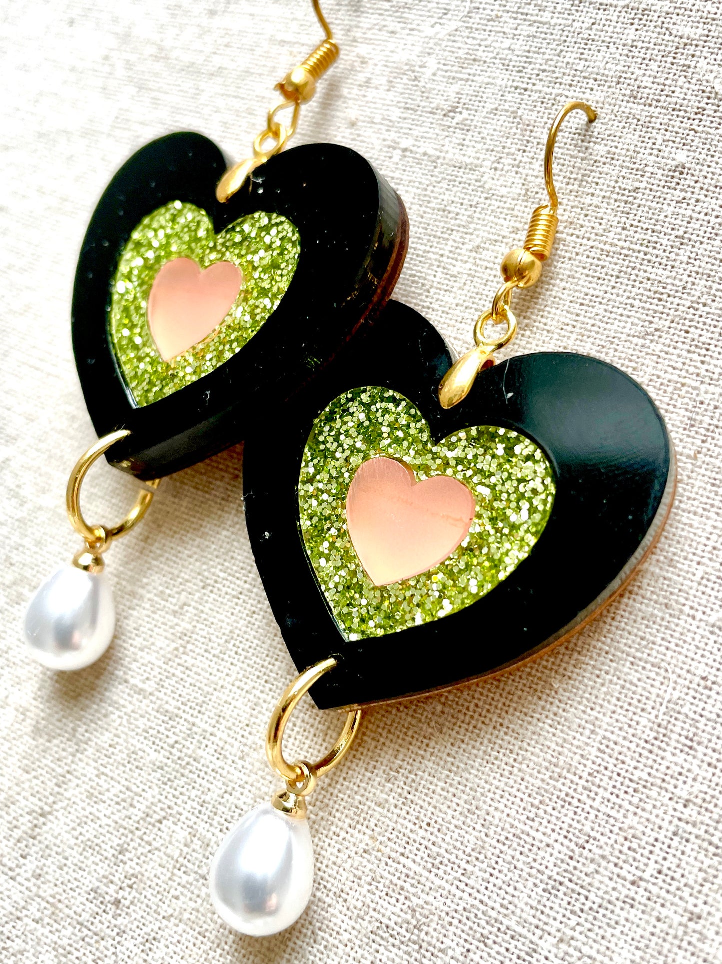 Heart Acrylic Dangle Earring, Pearl Earring, Drop Earring, Celtic Jewellery