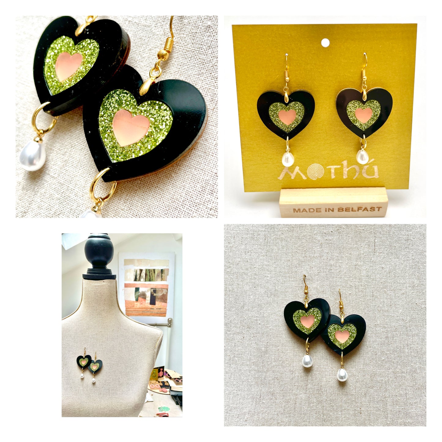 Heart Acrylic Dangle Earring, Pearl Earring, Drop Earring, Celtic Jewellery