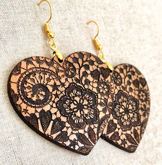 Irish Lace Wooden Heart Dangle Earrings