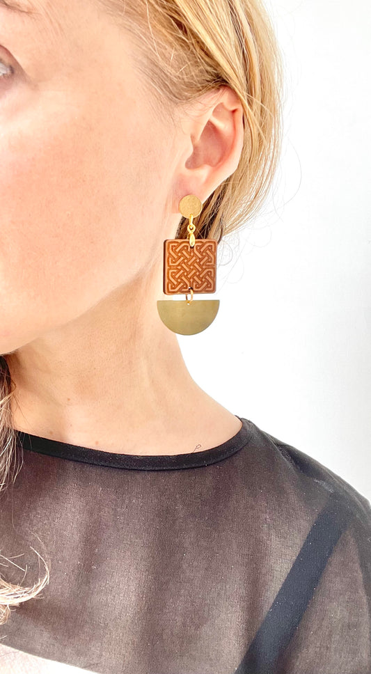 Dangle Earring, Etched Wood and brass  3 x piece  5.5cm x 3cm x 0.3cm