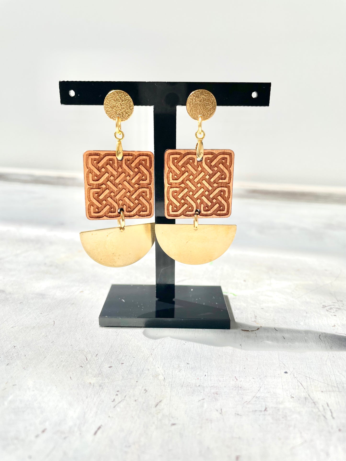 Dangle Earring, Etched Wood and brass  3 x piece  5.5cm x 3cm x 0.3cm