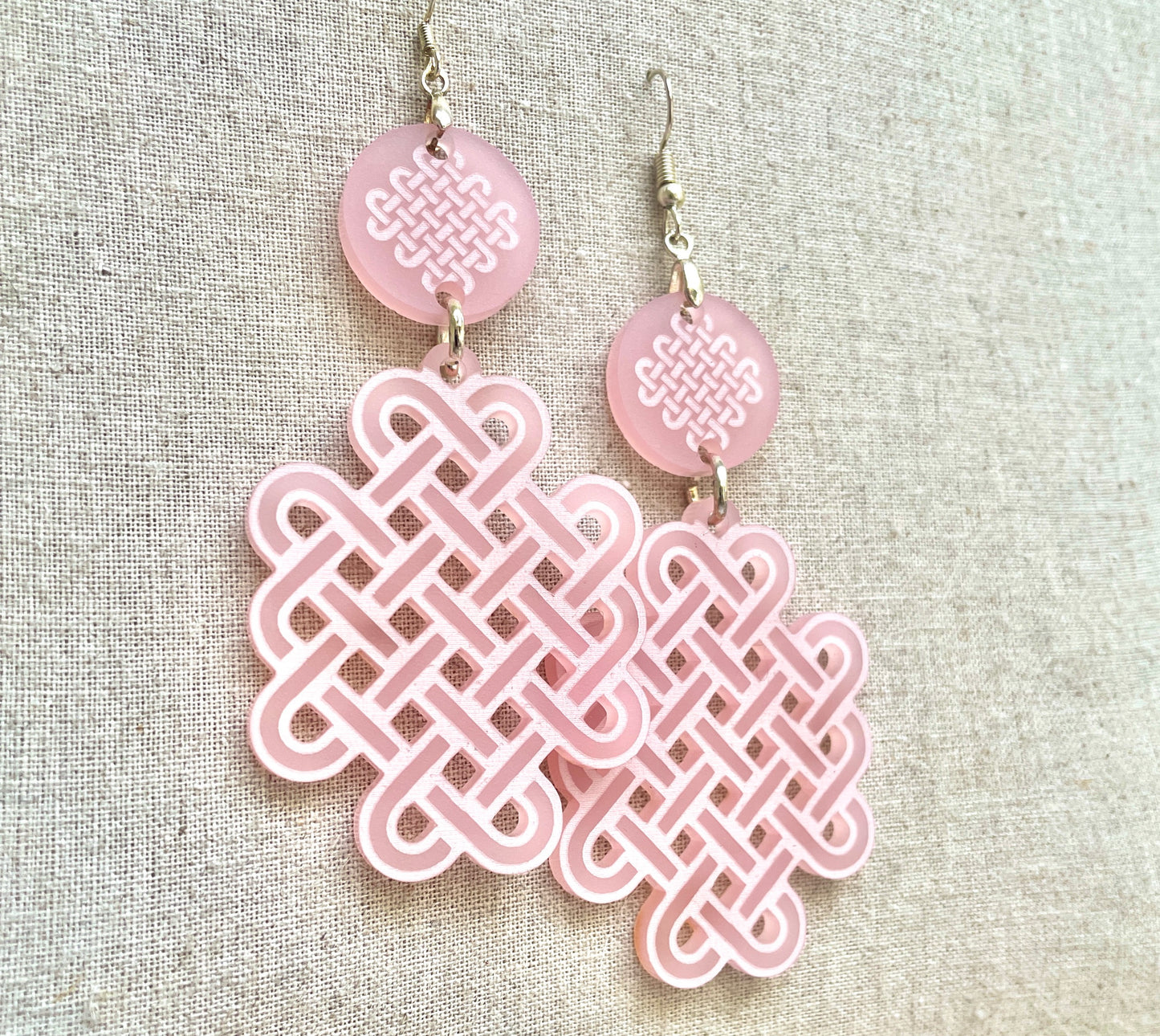 Pink Frosted Acrylic, Celtic Knot Dangle Earring