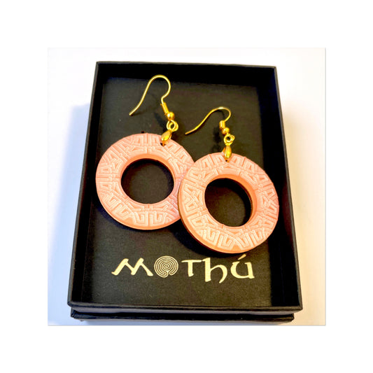 Pink Celtic Etched, Boho Hoop, Dangle Earrings