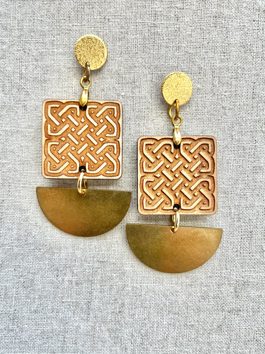 Etched Wood and Gold Celtic 3 x piece Dangle Earring 5.5cm x 3cm x 0.3cm